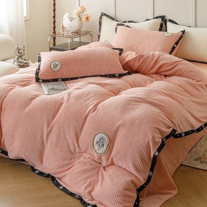 Pink White Rose Flower Premium Super Soft Short Plush Duvet Cover Set, Velvet Fleece Bedding Set