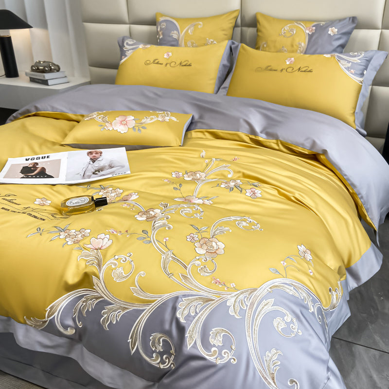 Luxury White Purple Baroque Soft Satin Silky Chic Flowers Wedding Duvet Cover Set, 600TC Egyptian Cotton Bedding Set