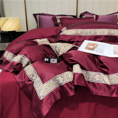 Pink Burgundy European Premium Baroque Satin Silk Smooth Silky Duvet Cover Set, Egyptian Cotton 1000TC Bedding Set