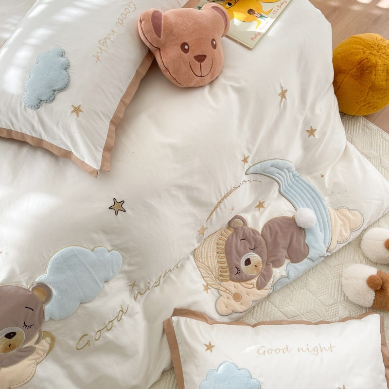 Brown Kids Good Night Bear Star Kids Embroidered Duvet Cover Set, 100% Washed Cotton Bedding Set