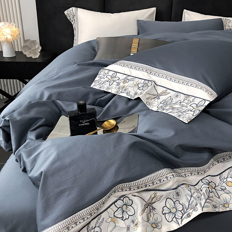Luxury Blue Dragonfly Flowers European Embroidered Duvet Cover Set, 1000TC Egyptian Cotton Bedding Set