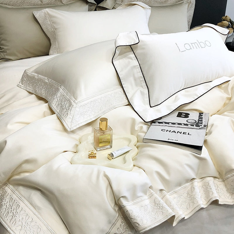 Luxury White Embroidery Soft Hotel Grade Duvet Cover, 1000TC Egyptian Cotton Bedding Set