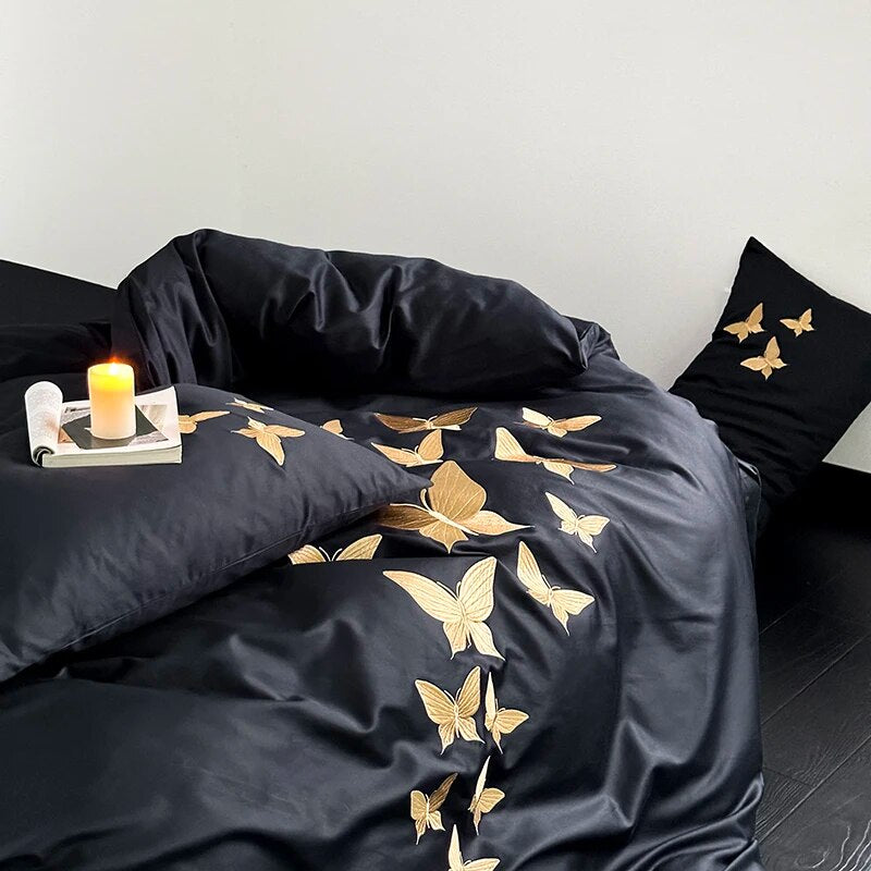 Black Gold Butterfly Luxury Europe Embroidery Soft Duvet Cover Set, 1000TC Egyptian Cotton Bedding Set