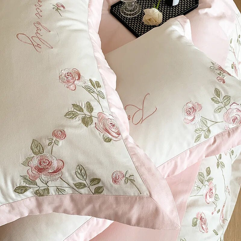 Garden Rose Flowers Embroidery White Pink Patchwork Duvet Cover Set, 1000TC Egyptian Cotton Bedding Set