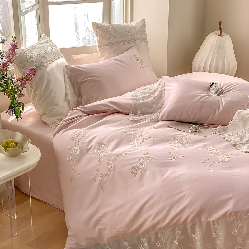 White Princess Orchid Relax Wedding Lace Ruffles Duvet Cover, 1200TC Egyptian Cotton Bedding Set