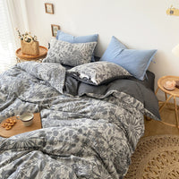 Thumbnail for Blue Grey Jacquard Leaf Vintage Flower Bush Duvet Cover Set, Washed Cotton Bedding Set