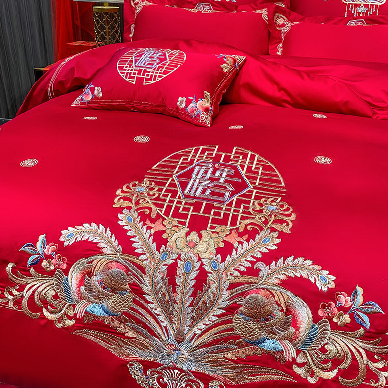 Luxury Red Peacock Elegant Phoenix Embroidered Wedding Duvet Cover Set, 600TC Egyptian Cotton Bedding Set