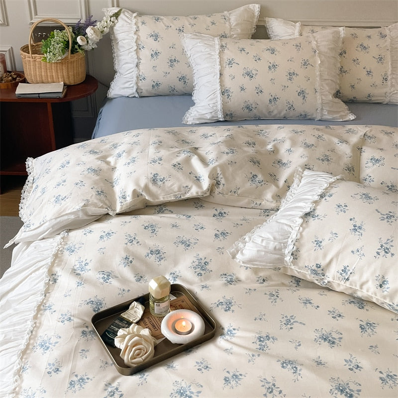 French Vintage White Green Patchwork Floral Ruffles Duvet Cover Set, 400TC Cotton Bedding Set