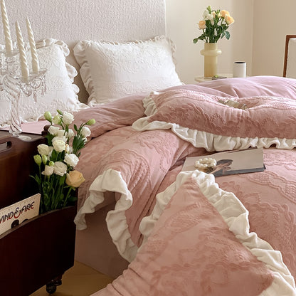 Luxury White Pink 3D Carved Velvet Girl Winter Ruffles Duvet Cover Set, Velvet Fleece Fabric Bedding Set