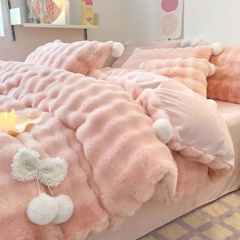 Premium White Pink Shaggy Ultra Soft Fur Velvet Fleece Lace Kids Duvet Cover Bedding Set