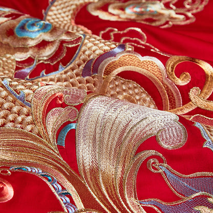 Red Gold Cloud Dragon Phoenix Wealth Wedding Tassel Duvet Cover Set, 1200TC Egyptian Cotton Bedding Set