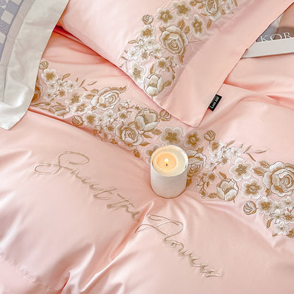 Gold White Luxury Flowers Embroidery Wedding Duvet Cover, 1000TC Egyptian Cotton Bedding Set
