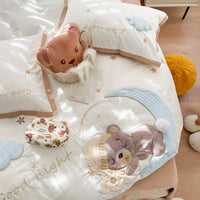 Thumbnail for Brown Kids Good Night Bear Star Kids Embroidered Duvet Cover Set, 100% Washed Cotton Bedding Set