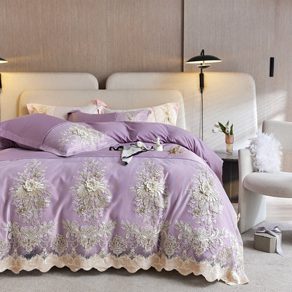 Premium Big Flowers Lace Edge Princess Wedding Silky Duvet Cover Set,1200TC Egyptian Cotton Bedding Set