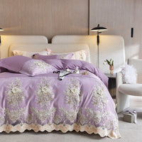 Thumbnail for Premium Big Flowers Lace Edge Princess Wedding Silky Duvet Cover Set,1200TC Egyptian Cotton Bedding Set