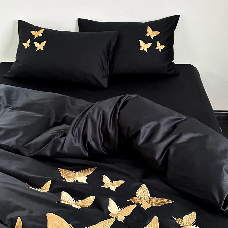 Black Gold Butterfly Luxury Europe Embroidery Soft Duvet Cover Set, 1000TC Egyptian Cotton Bedding Set