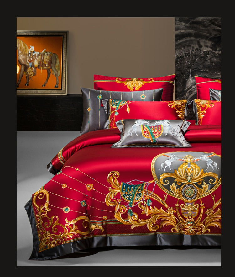 Luxury Red Gold European Horse Jacquard Embroidered Wedding Duvet Cover Set, 1200TC Egyptian Cotton Bedding Set