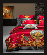 Thumbnail for Luxury Red Gold European Horse Jacquard Embroidered Wedding Duvet Cover Set, 1200TC Egyptian Cotton Bedding Set