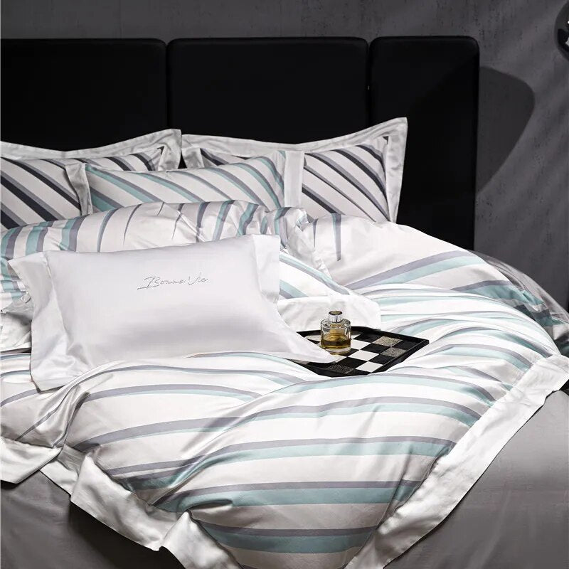 Luxury Grey Modern Black Stripe Duvet Cover Set, 1000TC Egyptian Cotton Bedding Set