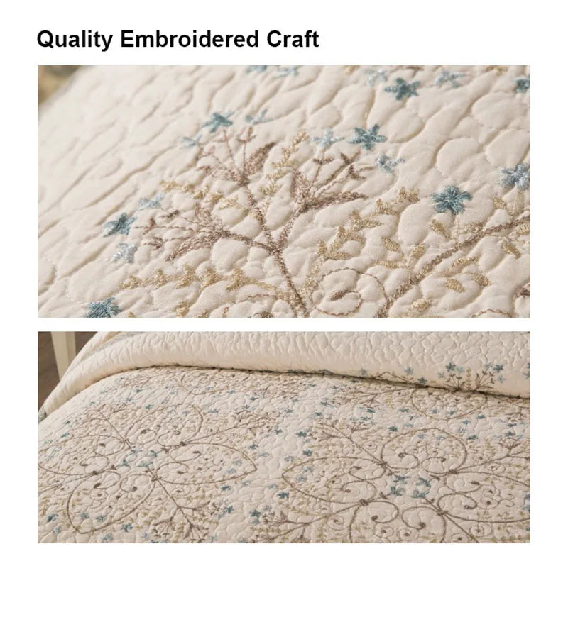 Beige Country Embroidered Washed Cotton Quilt Bedspread on Bedding Set