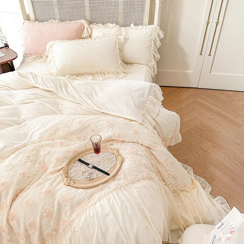 Pink White Rose Lace Ruffles French Wedding Velvet Fleece Duvet Cover Bedding Set