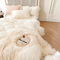 Thumbnail for Pink White Rose Lace Ruffles French Wedding Velvet Fleece Duvet Cover Bedding Set