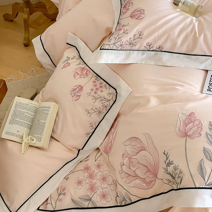 Premium Elegant Pink Flowers Sweet Wedding Embroidery Duvet Cover, 1000TC Egyptian Cotton Bedding Set