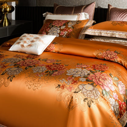 Premium Vintage Royal Peony Flower Jacquard Silk Duvet Cover Set, Egyptian Cotton 1200TC Bedding Set