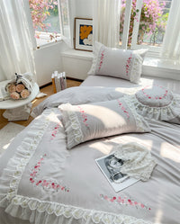 Thumbnail for White Pink Rose Fairy Embroidery Princess Wedding Ruffles Duvet Cover, Egyptian Cotton 1000TC Bedding Set