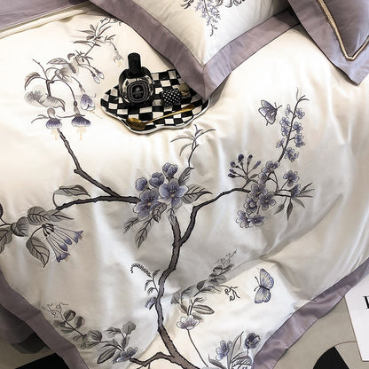 Luxury American Purple Butterfly Embroidered Duvet Cover Set, 1000tc Egyptian Cotton Bedding Set