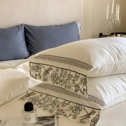 White Blue Flowers Dragonfly Europe Satin Duvet Cover Set,1000TC Egyptian Cotton Bedding Set