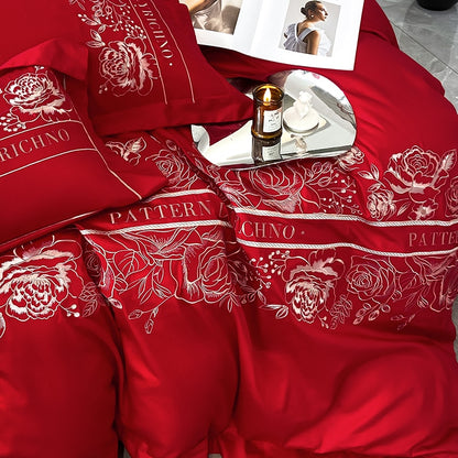 White Red Elegant Flowers Pattern Embroidery Duvet Cover Set, Egyptian Cotton Bedding Set