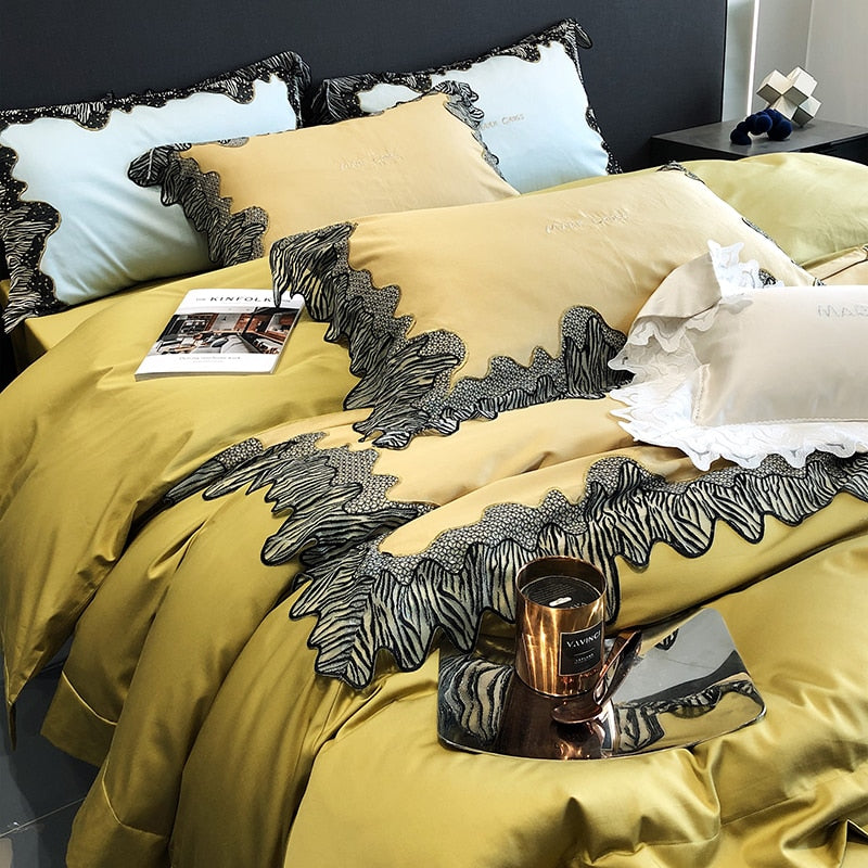 Premium Yellow Black Zebra Lace Embroidery Duvet Cover Set, Egyptian Cotton 1000TC Bedding Set