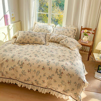 Thumbnail for French Vintage Rose Floral Print Lace Edge Duvet Cover Set, Cotton 100% Bedding Set