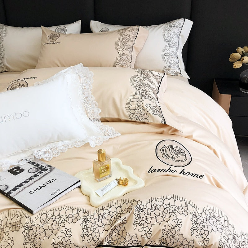 Chic White Black Europe Lace Embroidery Soft Duvet Cover, 1000TC Egyptian Cotton Bedding Set