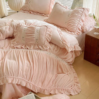 Thumbnail for White Pink Luxury Romantic French Patchwork Flower Embroidered Duvet Cover, Velvet Fleece Bedding Set