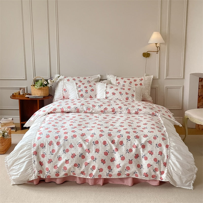 French Vintage White Green Patchwork Floral Ruffles Duvet Cover Set, 400TC Cotton Bedding Set