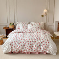 Thumbnail for French Vintage White Green Patchwork Floral Ruffles Duvet Cover Set, 400TC Cotton Bedding Set