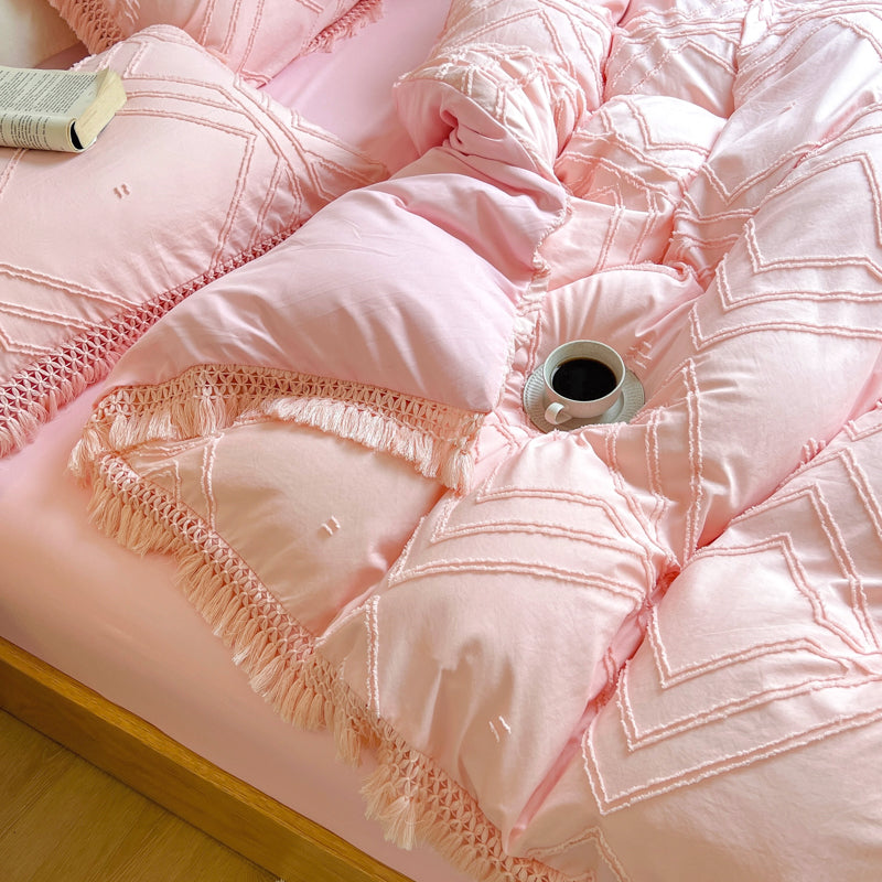 Brown White Pink Flower Tassel Edge Jacquard Bohemia Duvet Cover Set, Cotton 400TC Bedding Set