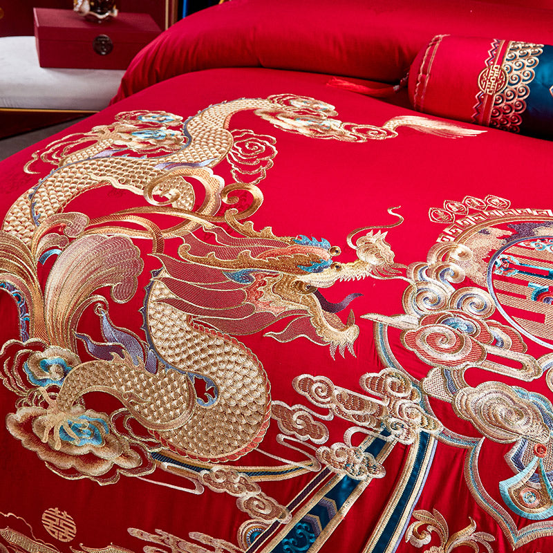 Red Gold Cloud Dragon Phoenix Wealth Wedding Tassel Duvet Cover Set, 1200TC Egyptian Cotton Bedding Set