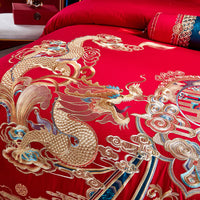 Thumbnail for Red Gold Cloud Dragon Phoenix Wealth Wedding Tassel Duvet Cover Set, 1200TC Egyptian Cotton Bedding Set