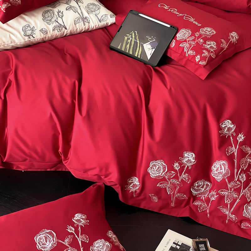 White Black Red Rose Flower Luxury Black Rim Side Duvet Cover, 1000TC Egyptian Cotton Bedding Set