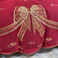 Thumbnail for Red Gold Love Ribbon Wedding Embroidered Duvet Cover Set, Egyptian Cotton Bedding Set