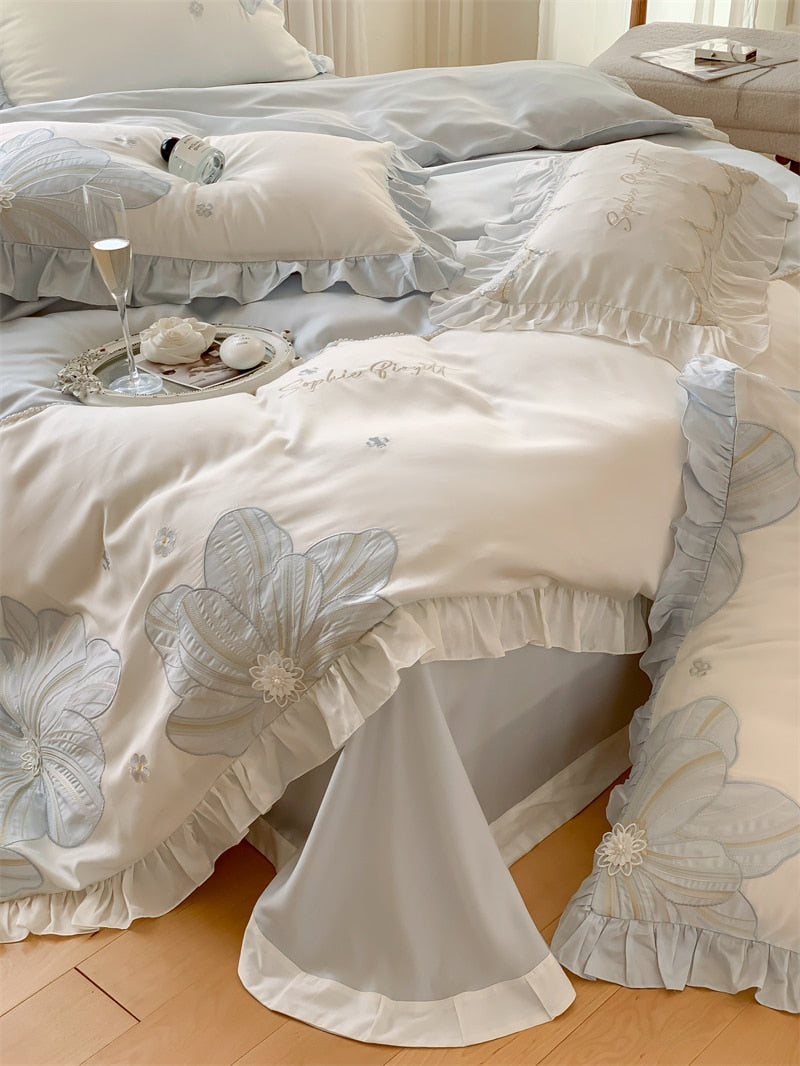 Pink Blossom Flower Luxury Princess Embroidery Lace Duvet Cover, 1000TC Egyptian Cotton Bedding Set