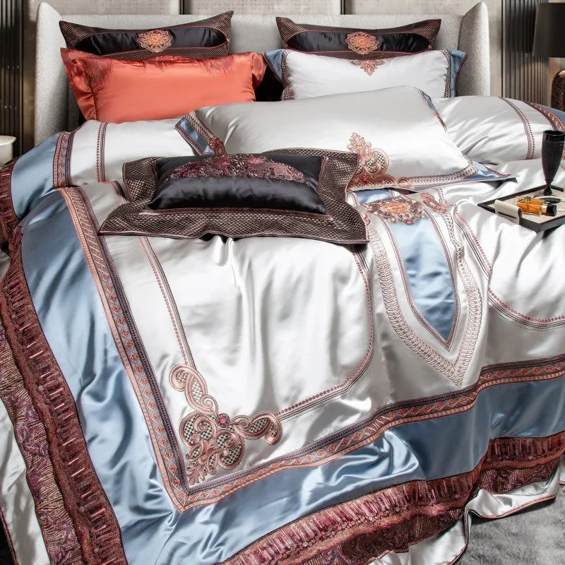 Luxury Baroque Embroidery Patchwork Duvet Cover Set, Silky Satin Cotton 1000TC Bedding Set