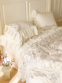 Thumbnail for Luxury Rose Light Pink Embroidered Wedding Lace Ruffles Duvet Cover, 1400TC Egyptian Cotton Bedding Set