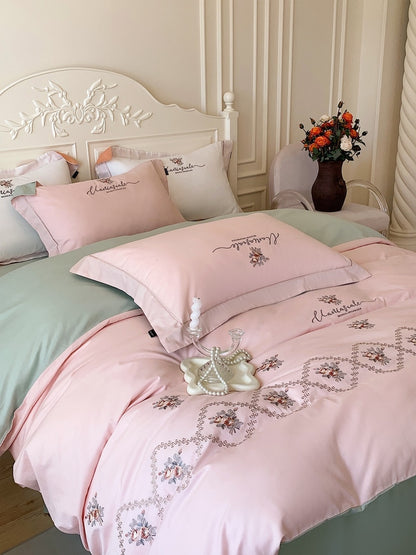 White Pink Patchwork French Pastoral Flowers Soft Duvet Cover, Cotton Bedding Set