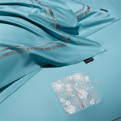 Silver Green Luxury Egyptian Cotton Satin Jacquard Embroidered Wedding Duvet Cover Bedding Set