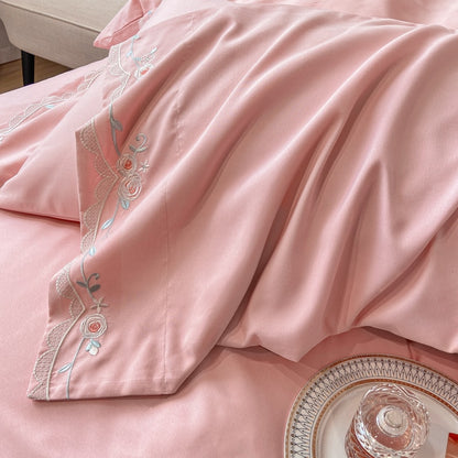 White Pink Autumn Winter Warm Chic Rose Flowers Embroidery Duvet Cover, Polyester Bedding Set