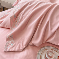 Thumbnail for White Pink Autumn Winter Warm Chic Rose Flowers Embroidery Duvet Cover, Polyester Bedding Set
